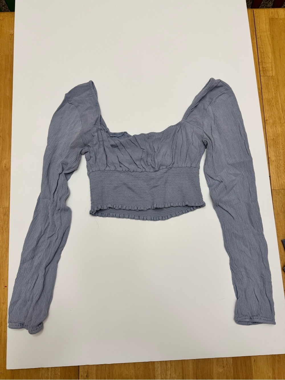 La Hearts Blue Long-Sleeve Smocked Crop Top